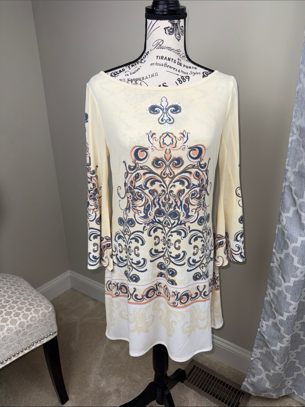 G.I.L.I. Cream Tunic Dress with Navy and Peach Scroll Motif